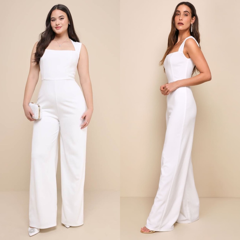 NWT LULUS Square Neck High Rise Stretch Crepe Wide Leg Minimalist Jumpsuit L